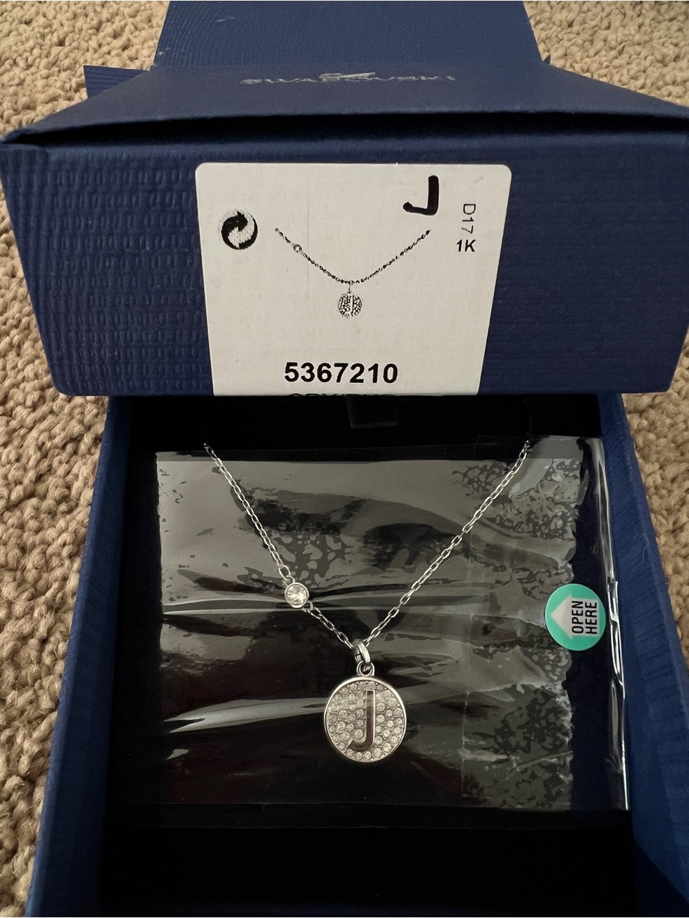 Brand New Swarovski Silver Pavé 'J' Disc Necklace with Accent Crystal